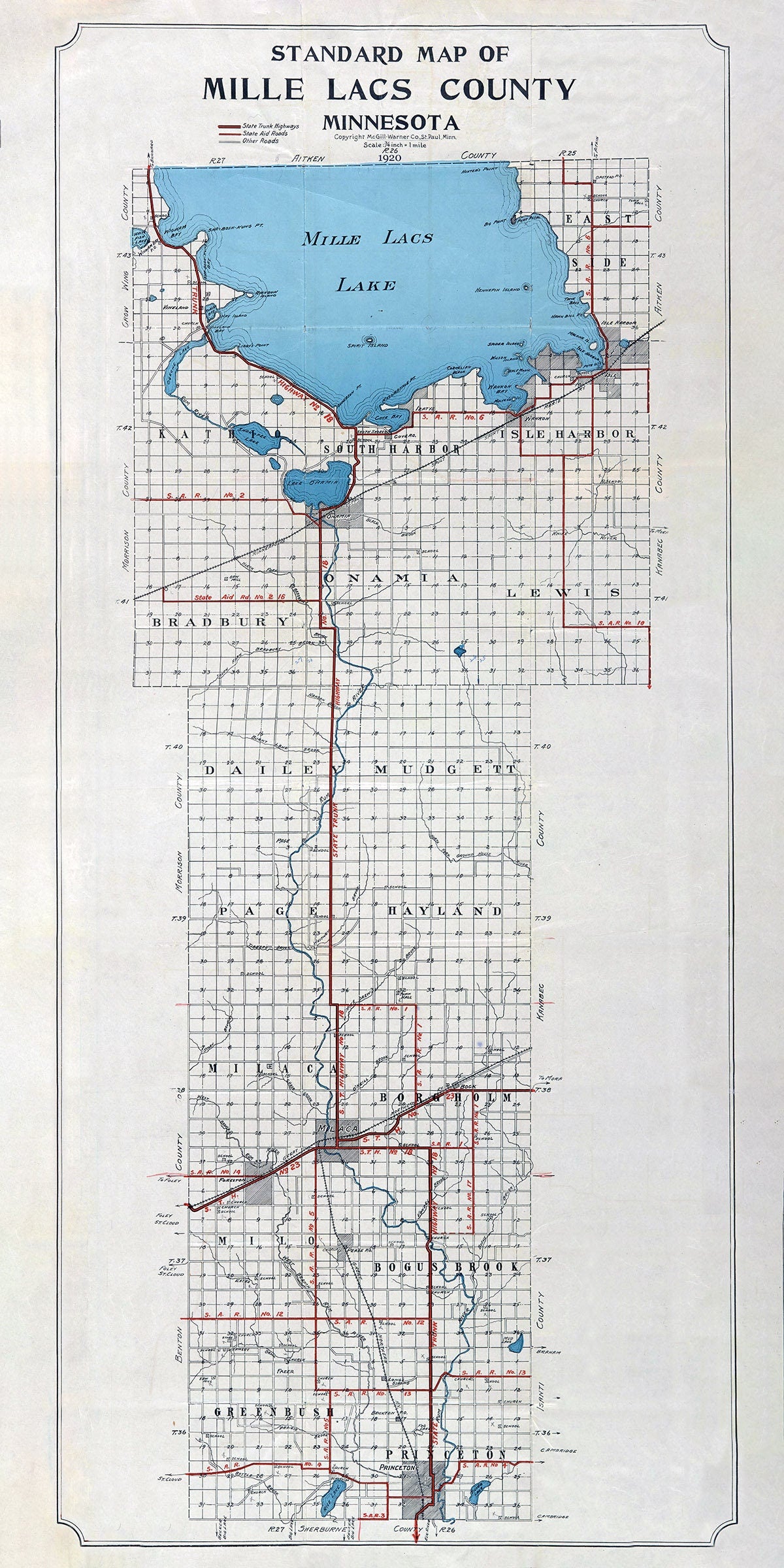 1920 Map of Mille Lacs County Minnesota