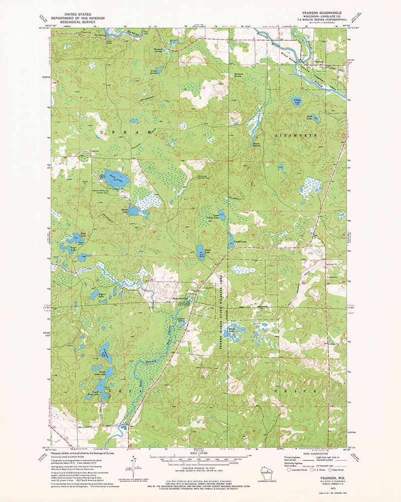 1973 Topo Map of Pearson Wisconsin Quad Game Lake Jack Lake