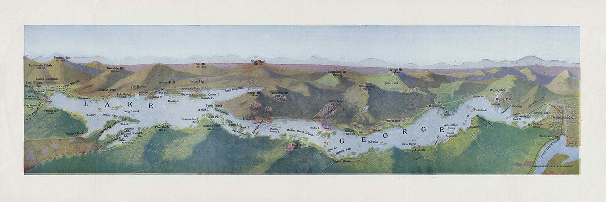 1918 Panoramic Map of Lake George New York