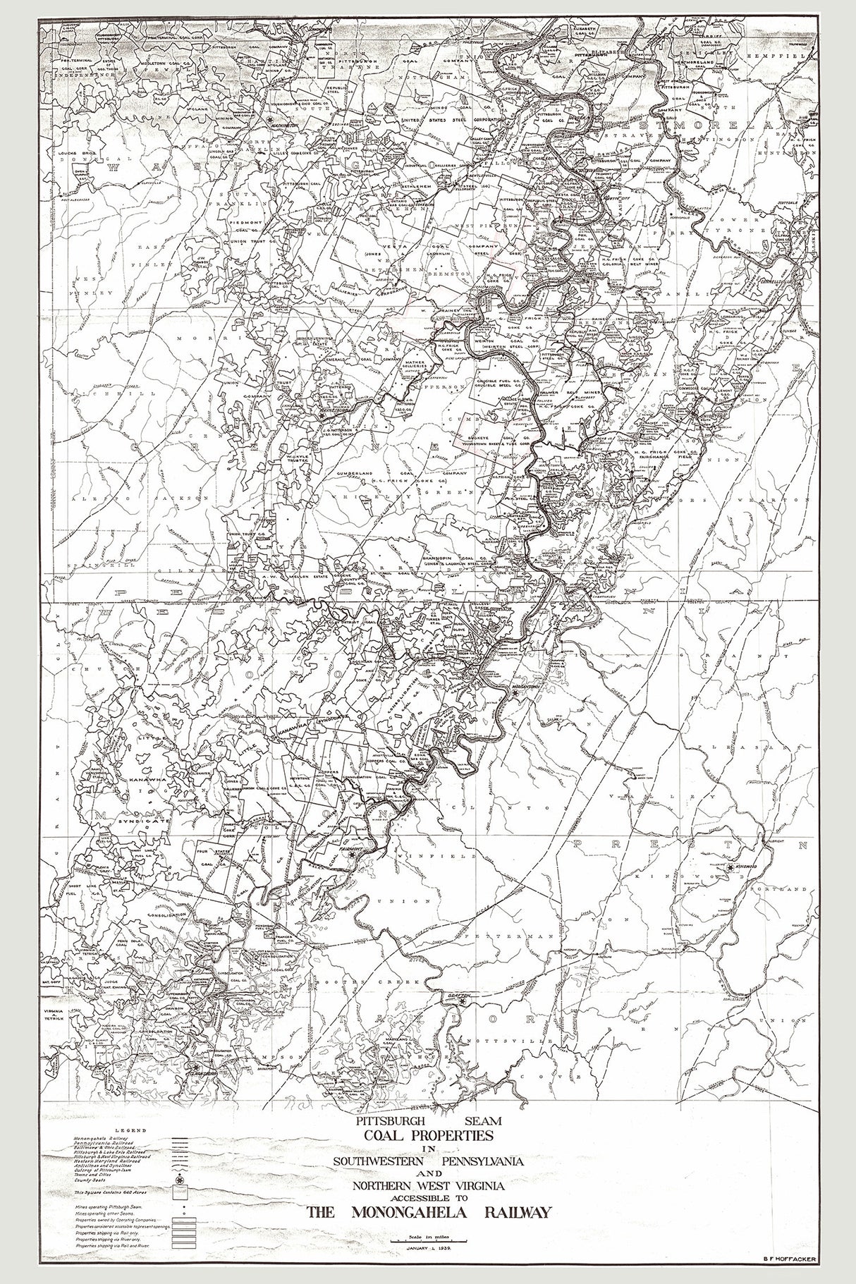 1939 Map of Pittsburgh Coal Seam Properties Pennsylvania West Virginia