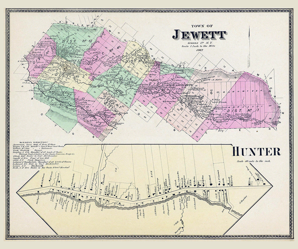 1867 Town Map of Jewett and Hunter Greene County New York