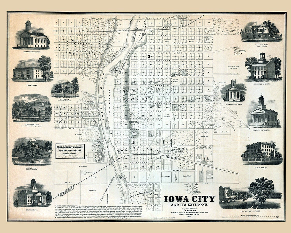 1854 Map of Iowa City Johnson County Iowa