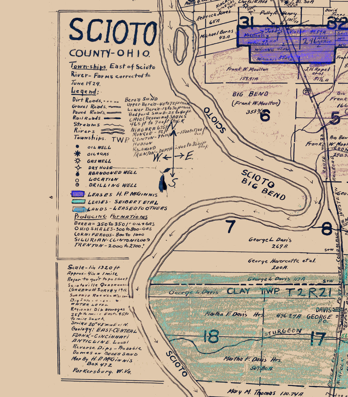 1929 Farm Line Map of Scioto County Ohio Oil and Gas Wells