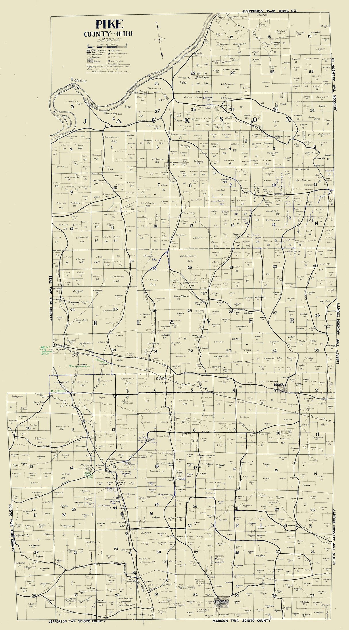 1930 Farm Line Map of Pike County Ohio Oil and Gas Wells