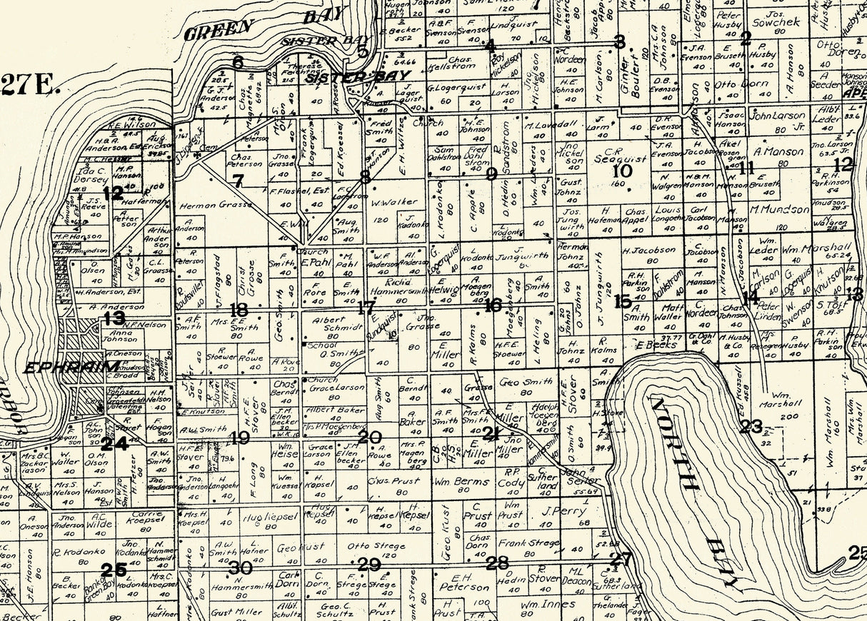 1917 Farm Line Map of Northern Door County Wisconsin