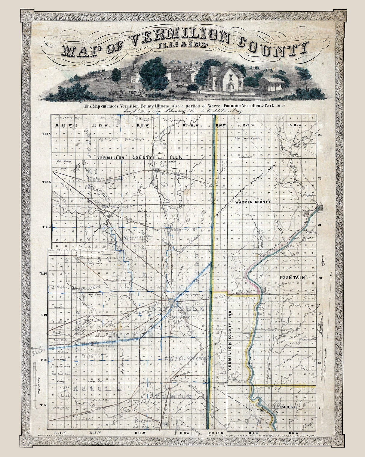 1850 Map of Vermillion County Illinois and Neighboring Indiana Counties
