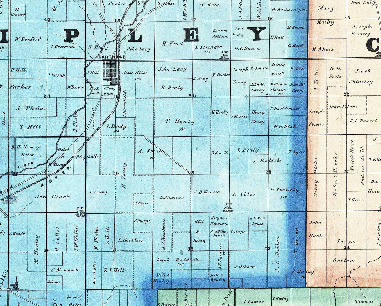 1856 Farm Line Map of Rush County Indiana