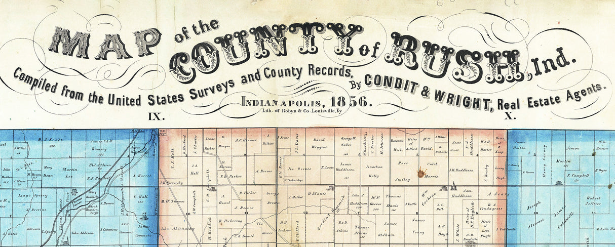 1856 Farm Line Map of Rush County Indiana