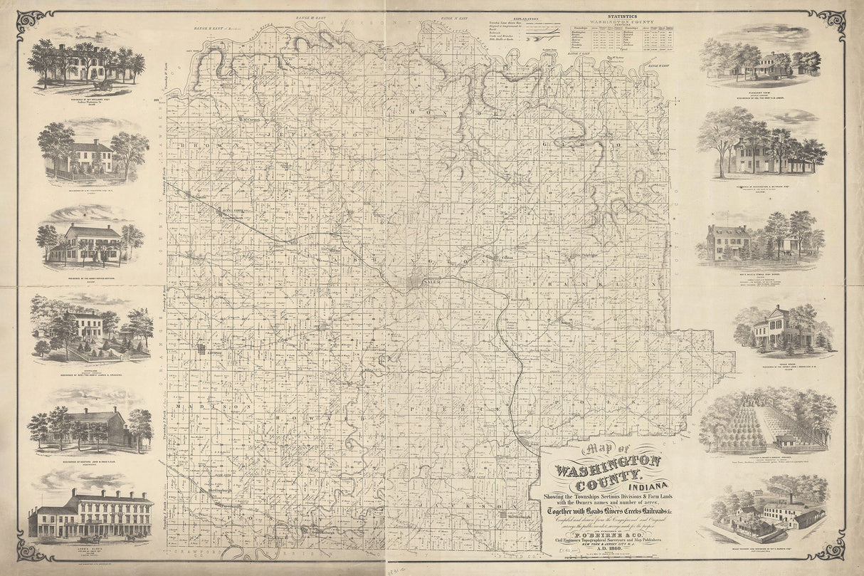 1860 Farm Line Map of Washington County Indiana