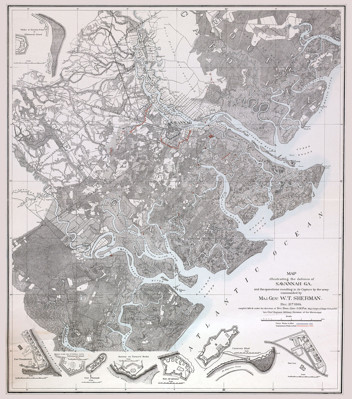 1864 Map of Savannah Georgia and Forts