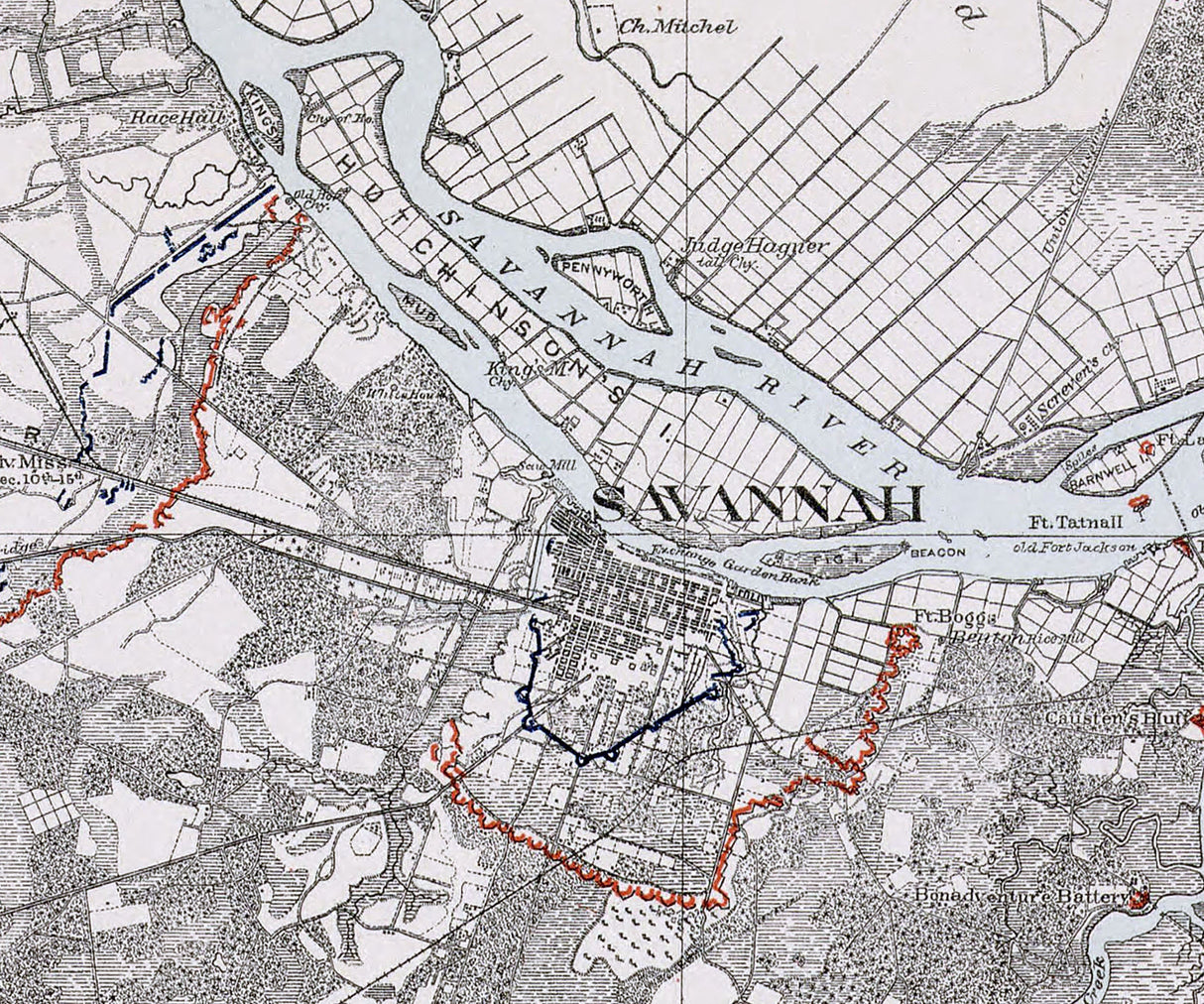 1864 Map of Savannah Georgia and Forts