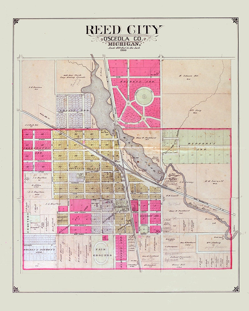 1900 Town Map of Reed City Osceola County Michigan