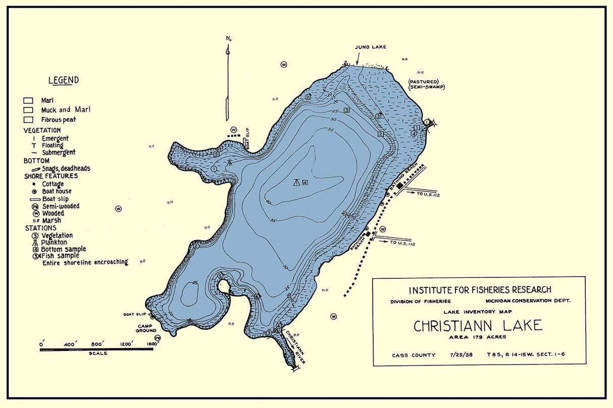 1938 Map of Christiann Lake Cass County Michigan