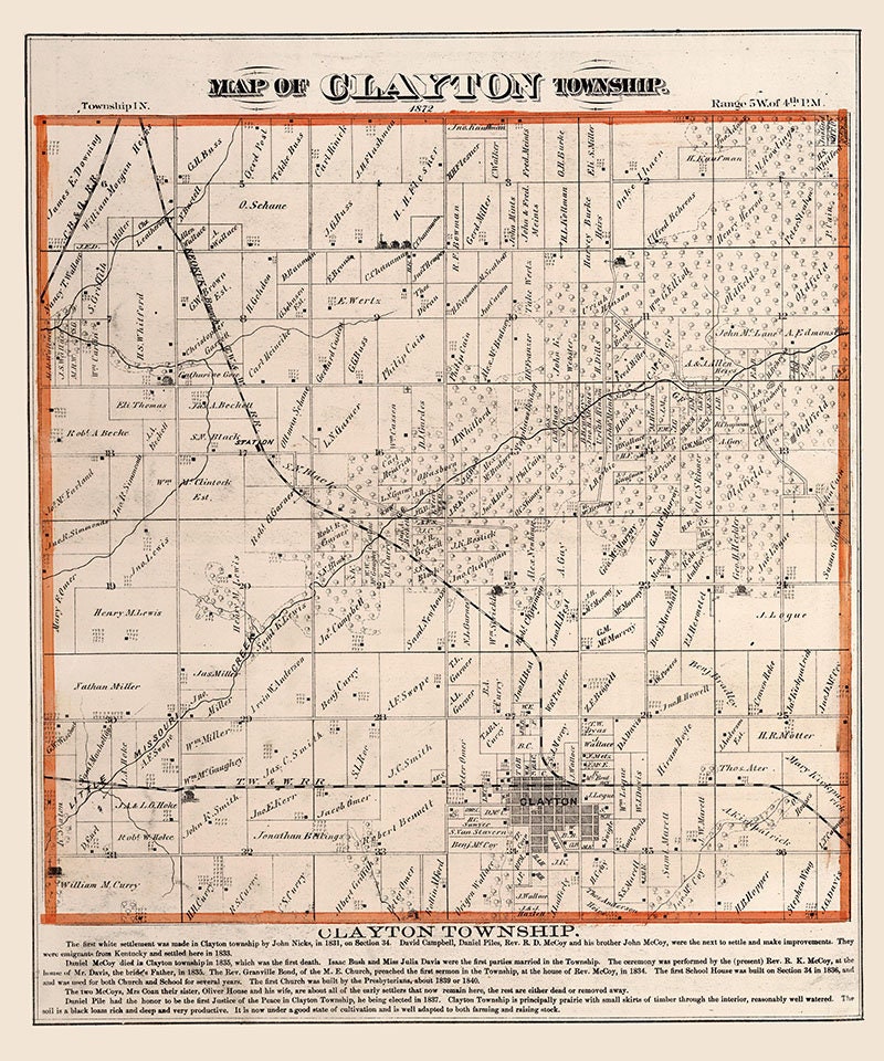 1872 Map of Clayton Township Adams County Illinois