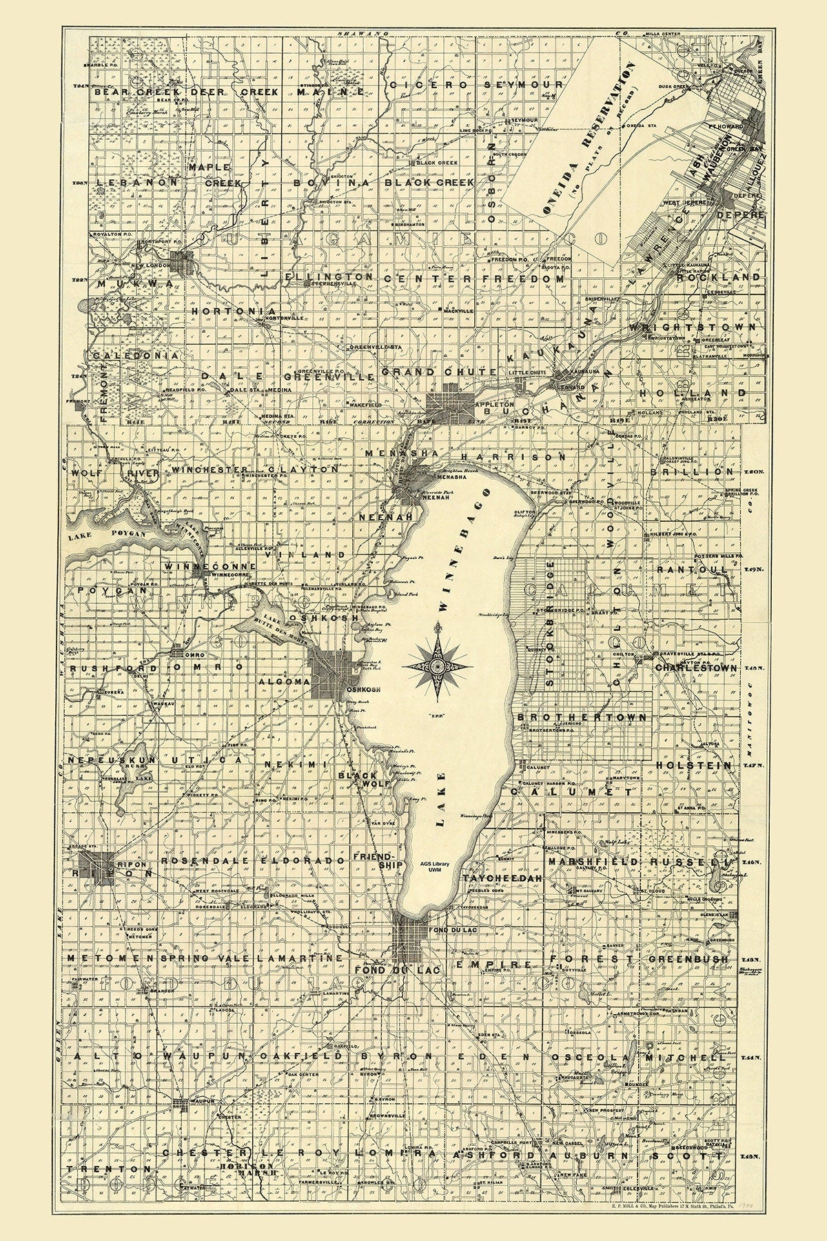 1900 Map of Lake Winnebago Wisconsin and Surrounding Area