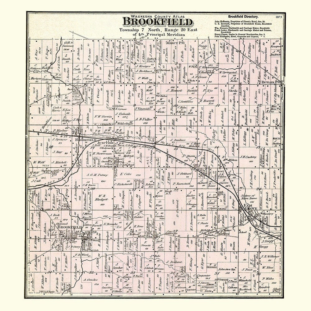 1873 Map of Brookfield Township Waukesha County Wisconsin