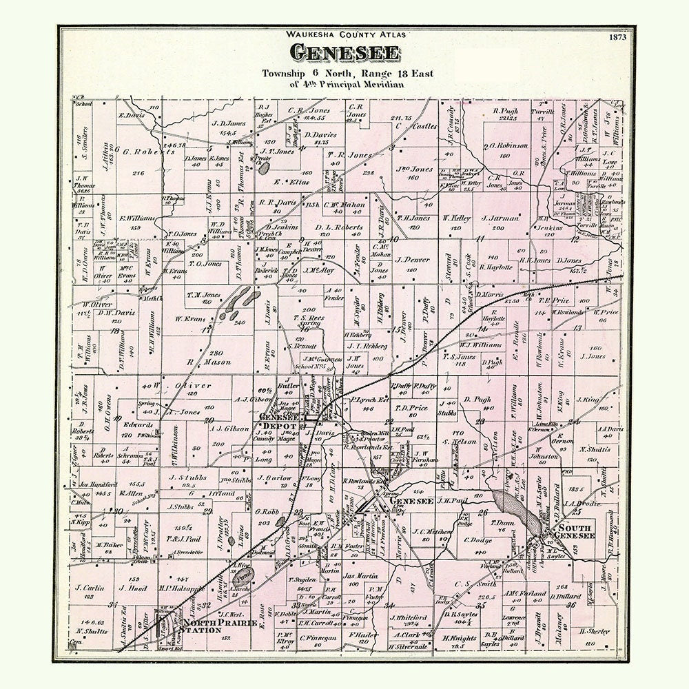 1873 Map of Genesee Township Waukesha County Wisconsin