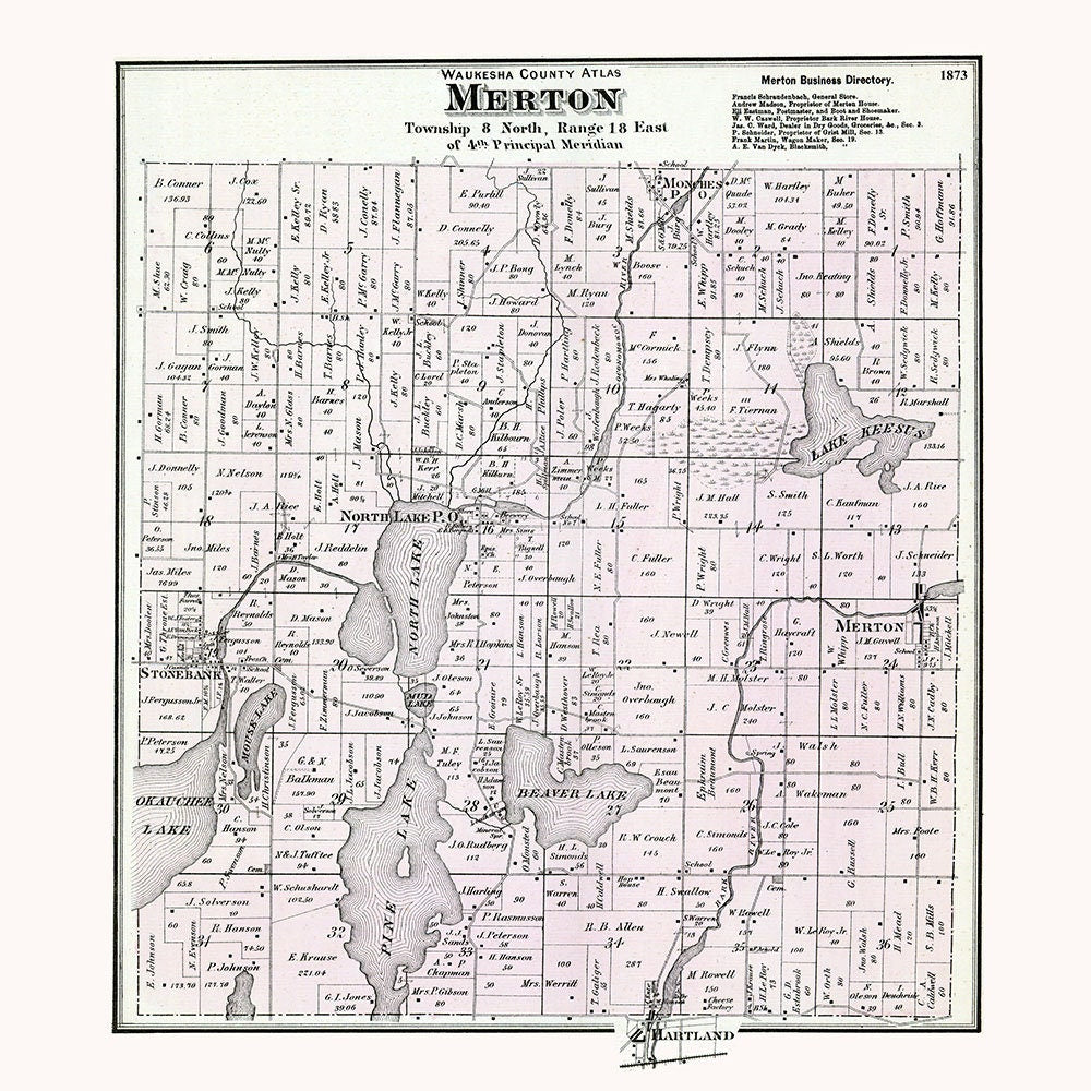 1873 Map of Merton Township Waukesha County Wisconsin