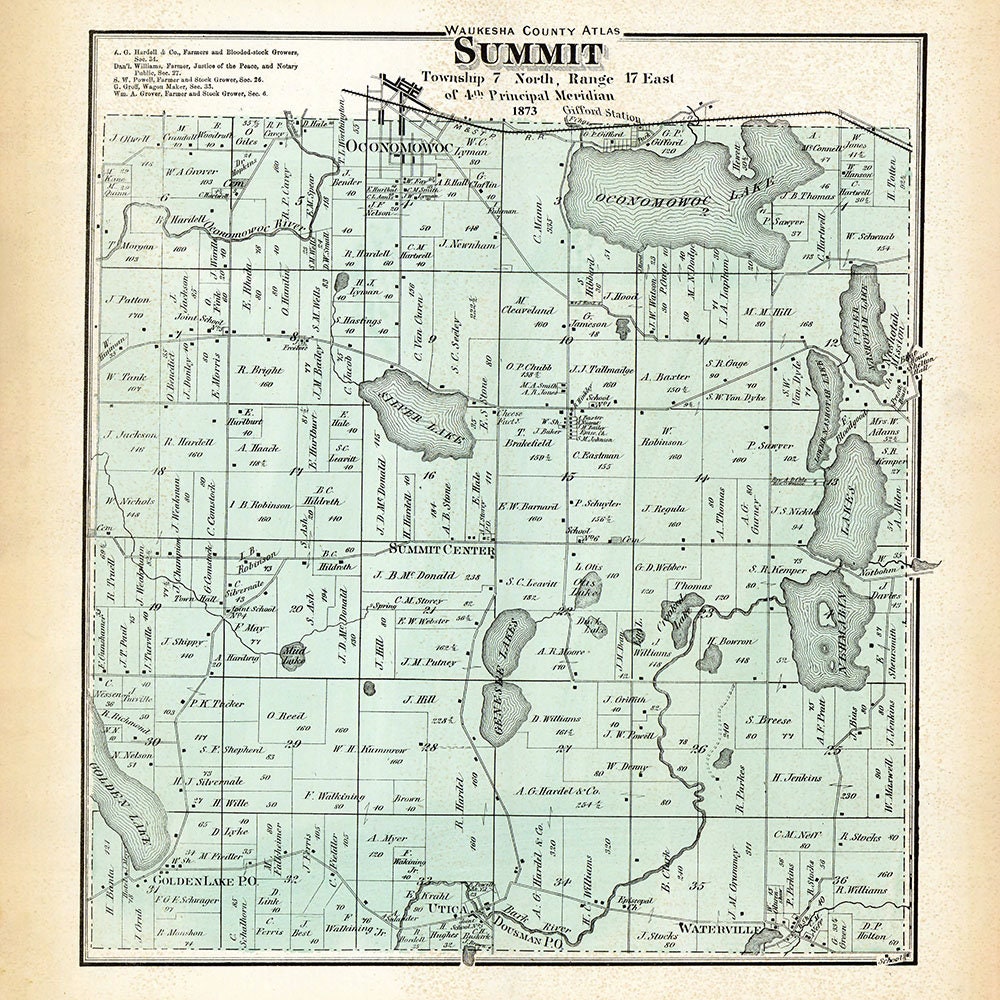 1873 Map of Summit Township Waukesha County Wisconsin