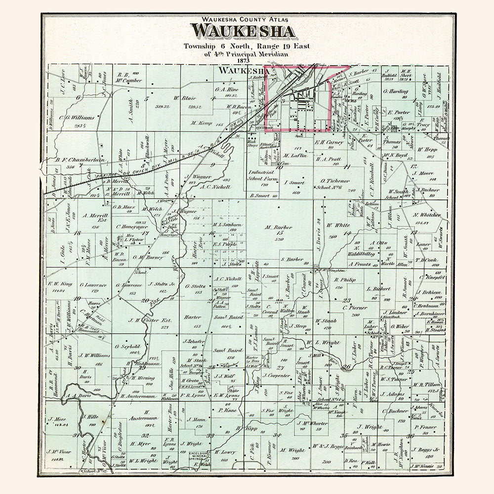 1873 Map of Waukesha Township Waukesha County Wisconsin