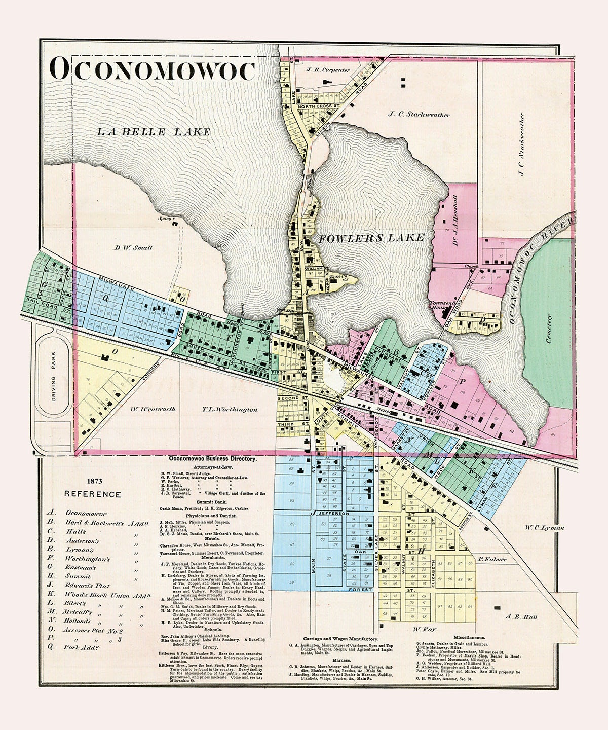 1873 Town Map of Oconomowoc Waukesha County Wisconsin