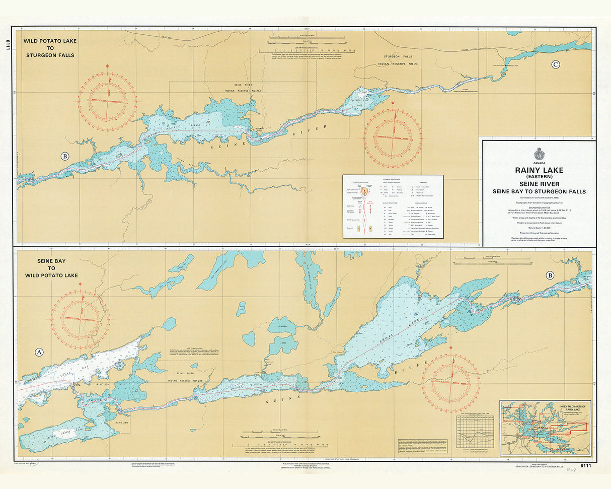 1968 Nautical Map of Rainy Lake Eastern Seine River Seine Bay to Sturgeon Falls Ontario Canada