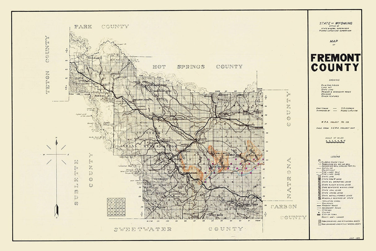 1936 Map of Fremont County Wyoming Oil and Gas Well Fields