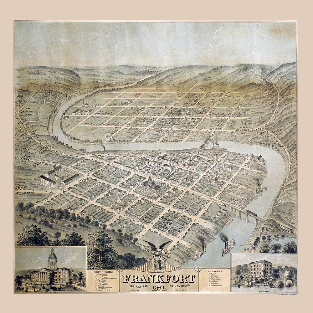 1871 Panoramic Map of Frankfort Franklin County Kentucky