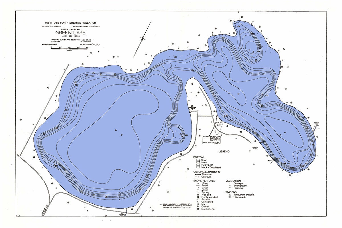 1952 Map of Green Lake Allegan County Michigan