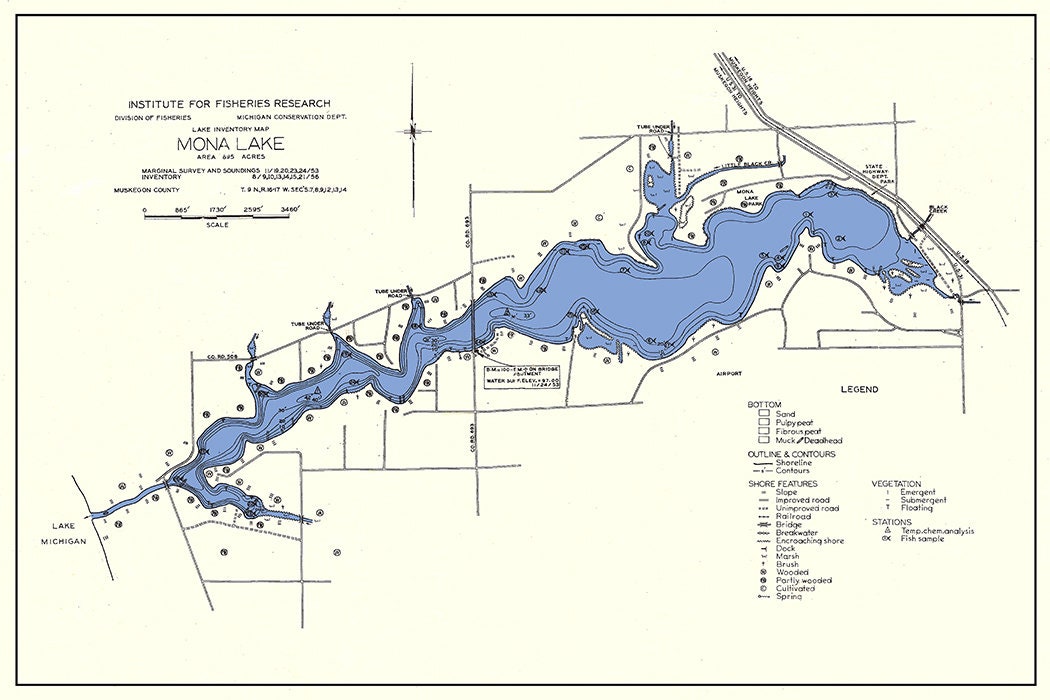 1953 Map of Mona Lake Muskegon County Michigan