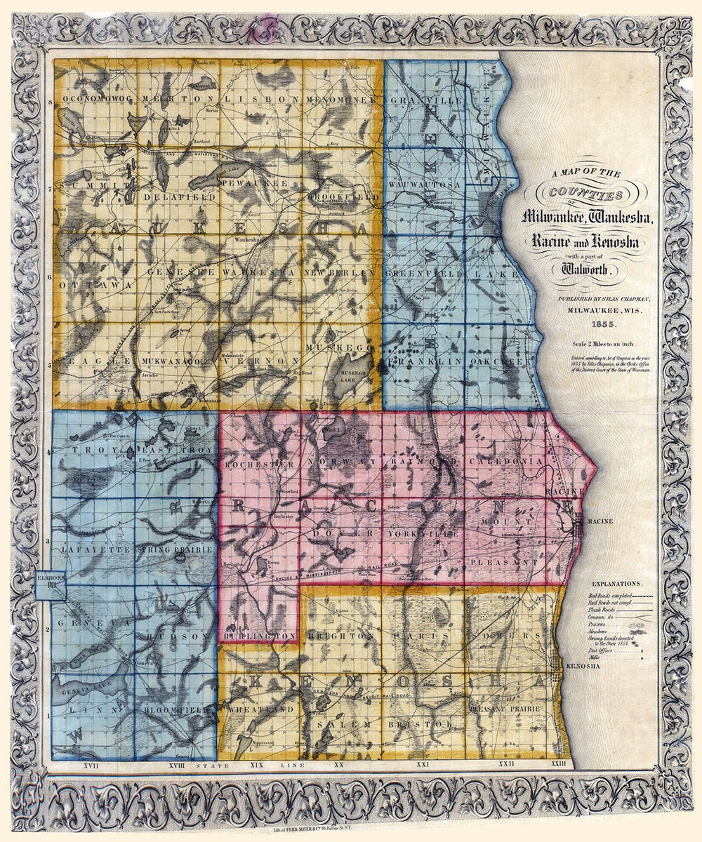 1855 Map of the Counties of Milwaukee Waukesha Racine Kenosha Walworth Wisconsin