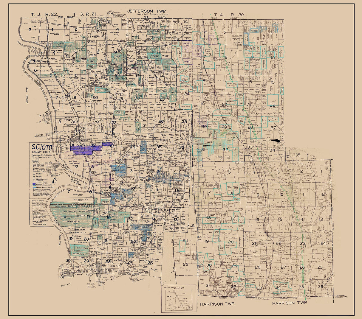 1929 Farm Line Map of Scioto County Ohio Oil and Gas Wells