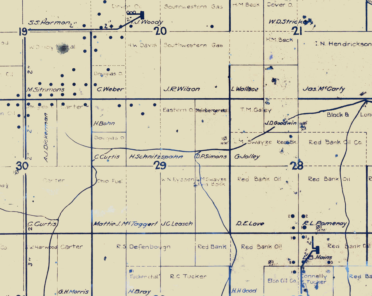 1934 Farm Line Map of Montgomery County Kansas Oil and Gas Wells