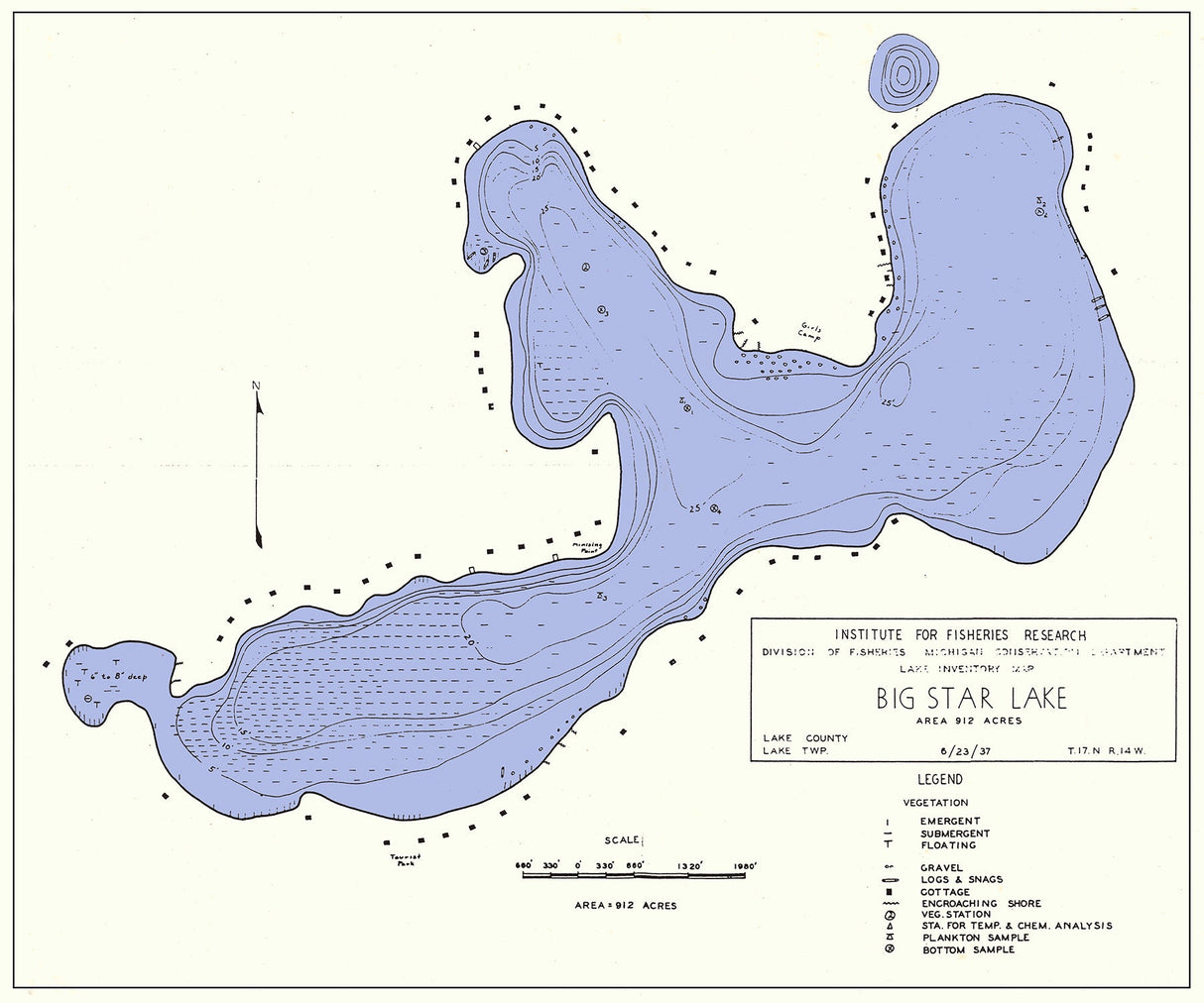 1937 Map of Big Star Lake Lake County Michigan