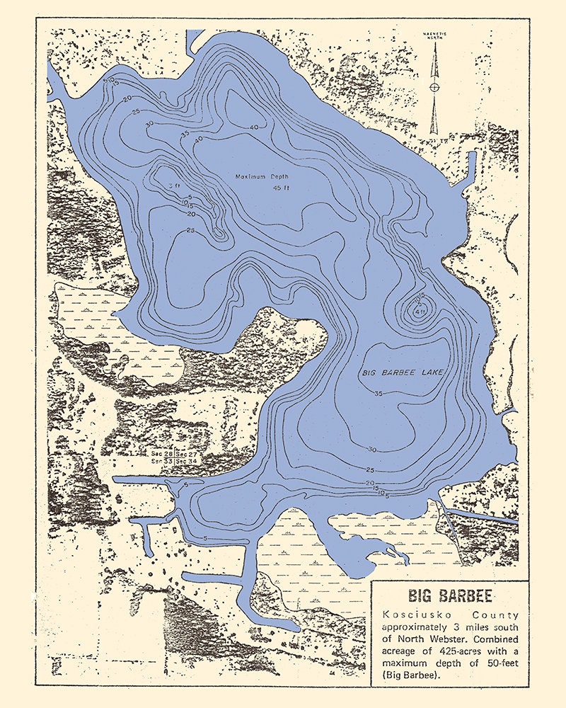 1940 Map of Big Barbee Lake Kosciusko County Indiana