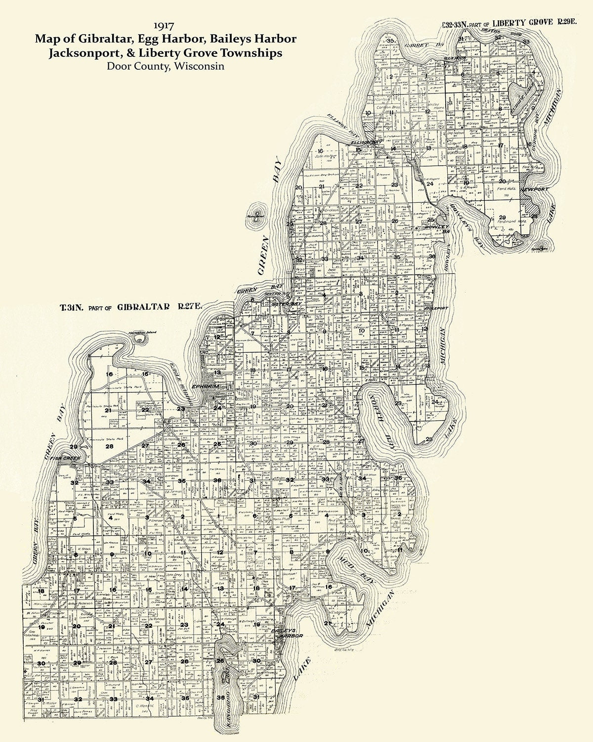 1917 Farm Line Map of Northern Door County Wisconsin