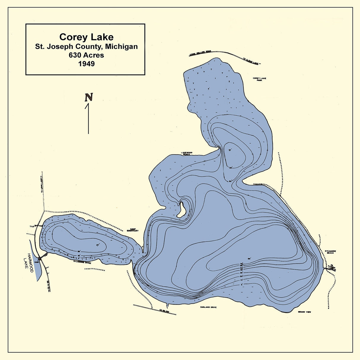 1949 Map of Corey Lake St Joseph County Michigan