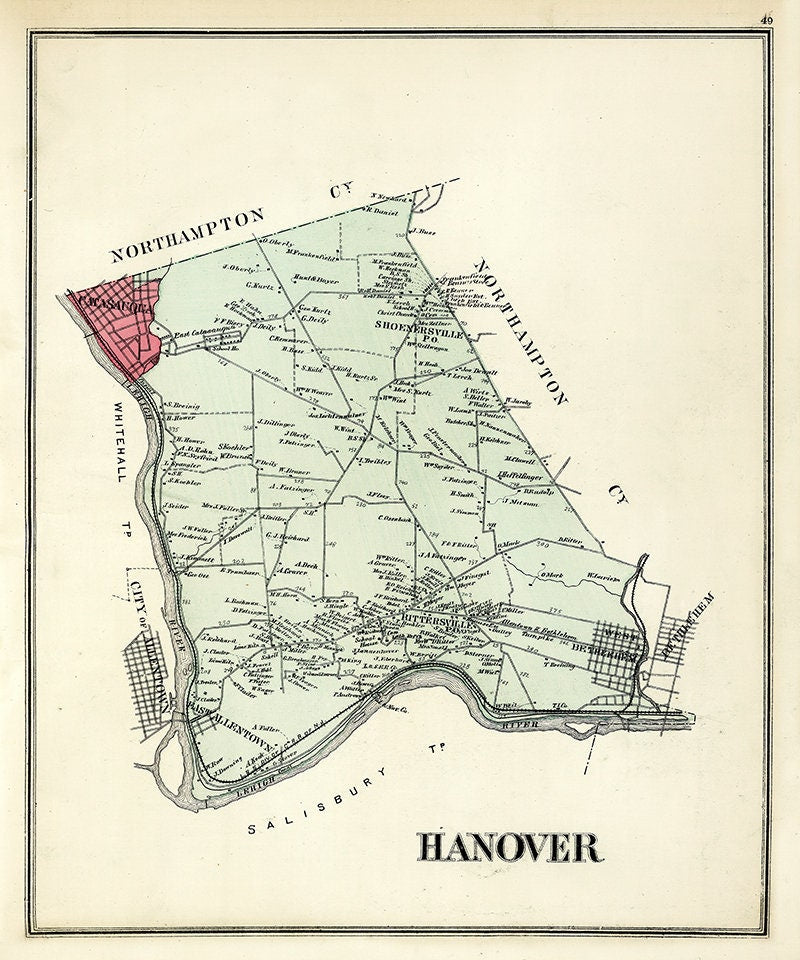 1876 Map of Hanover Township Lehigh County Pennsylvania