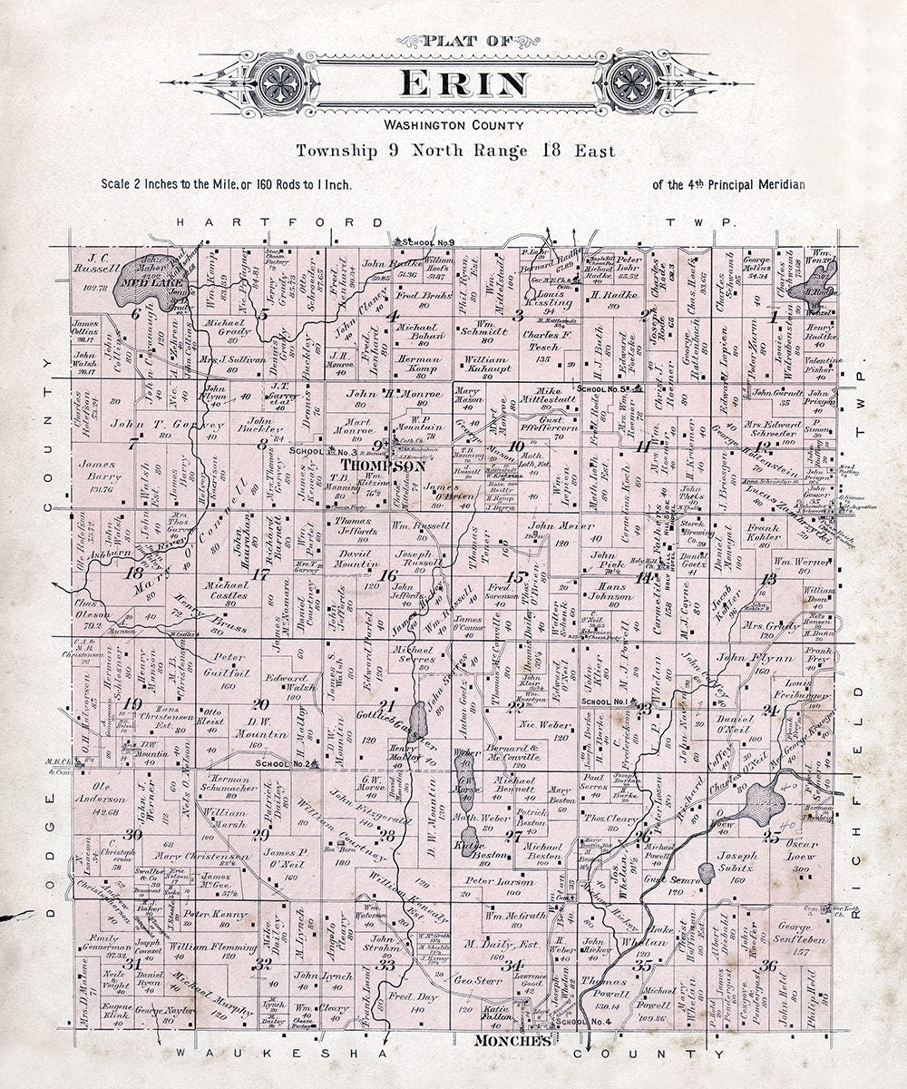 1915 Map of Erin Township Washington County Wisconsin