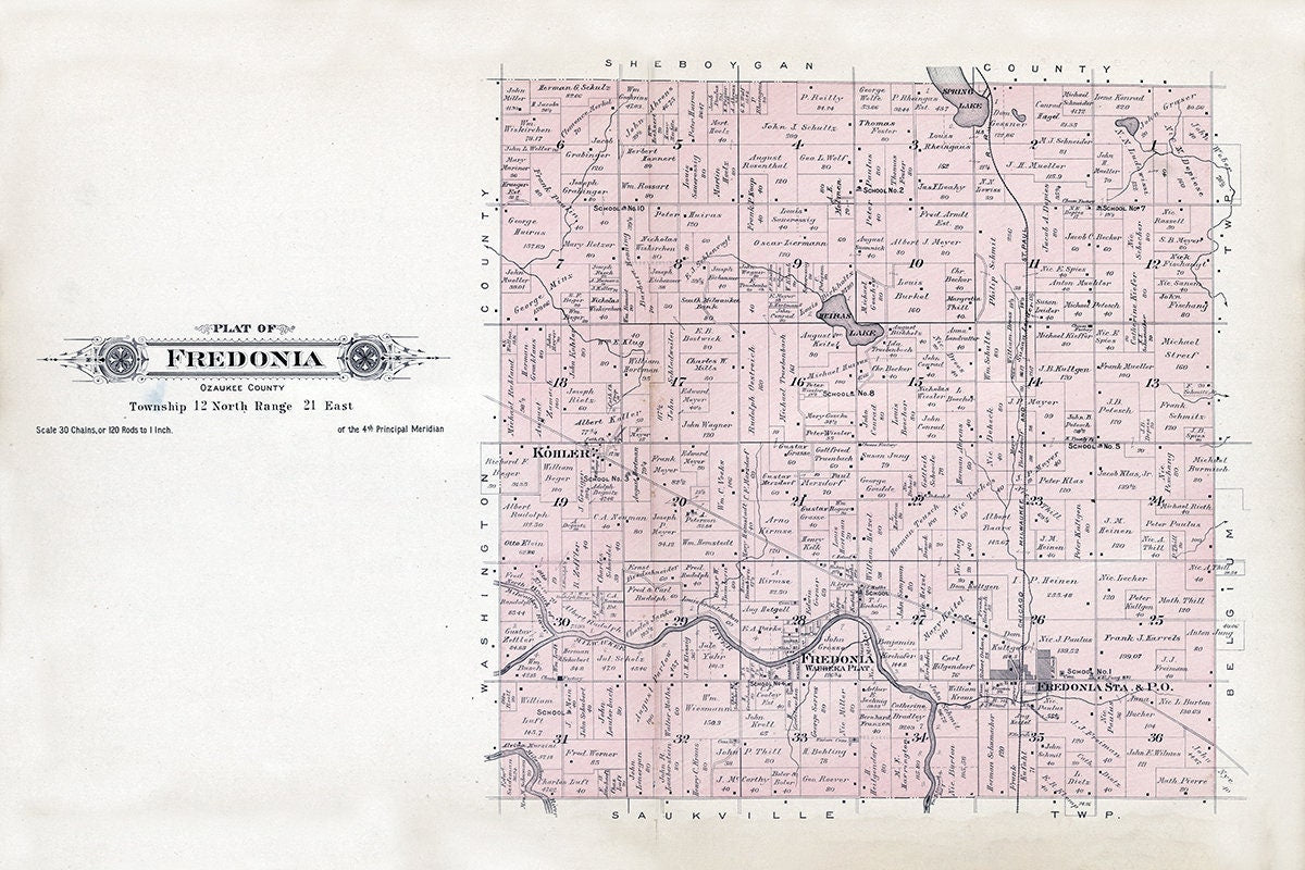 1915 Map of Fredonia Township Ozaukee County Wisconsin