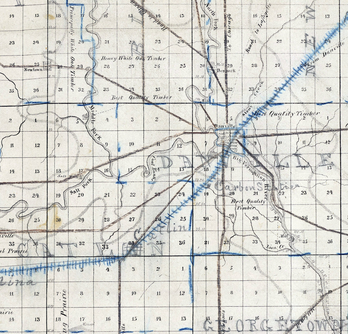 1850 Map of Vermillion County Illinois and Neighboring Indiana Counties