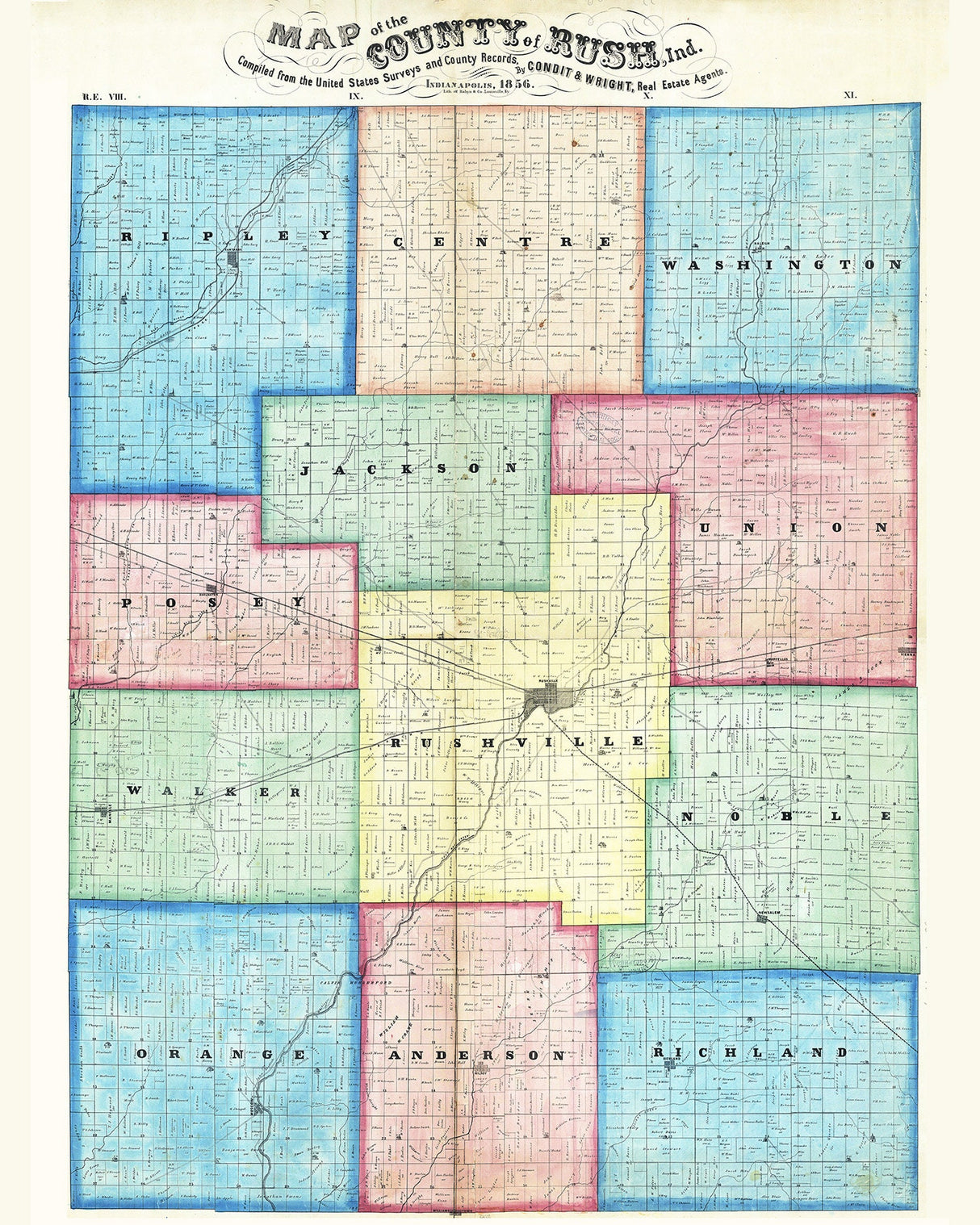 1856 Farm Line Map of Rush County Indiana