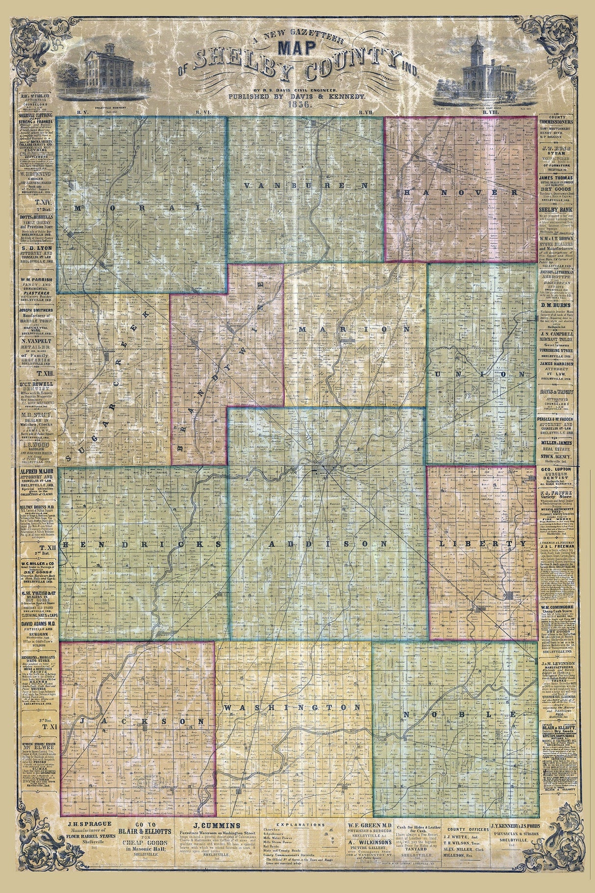 1856 Farm Line Map of Shelby County Indiana
