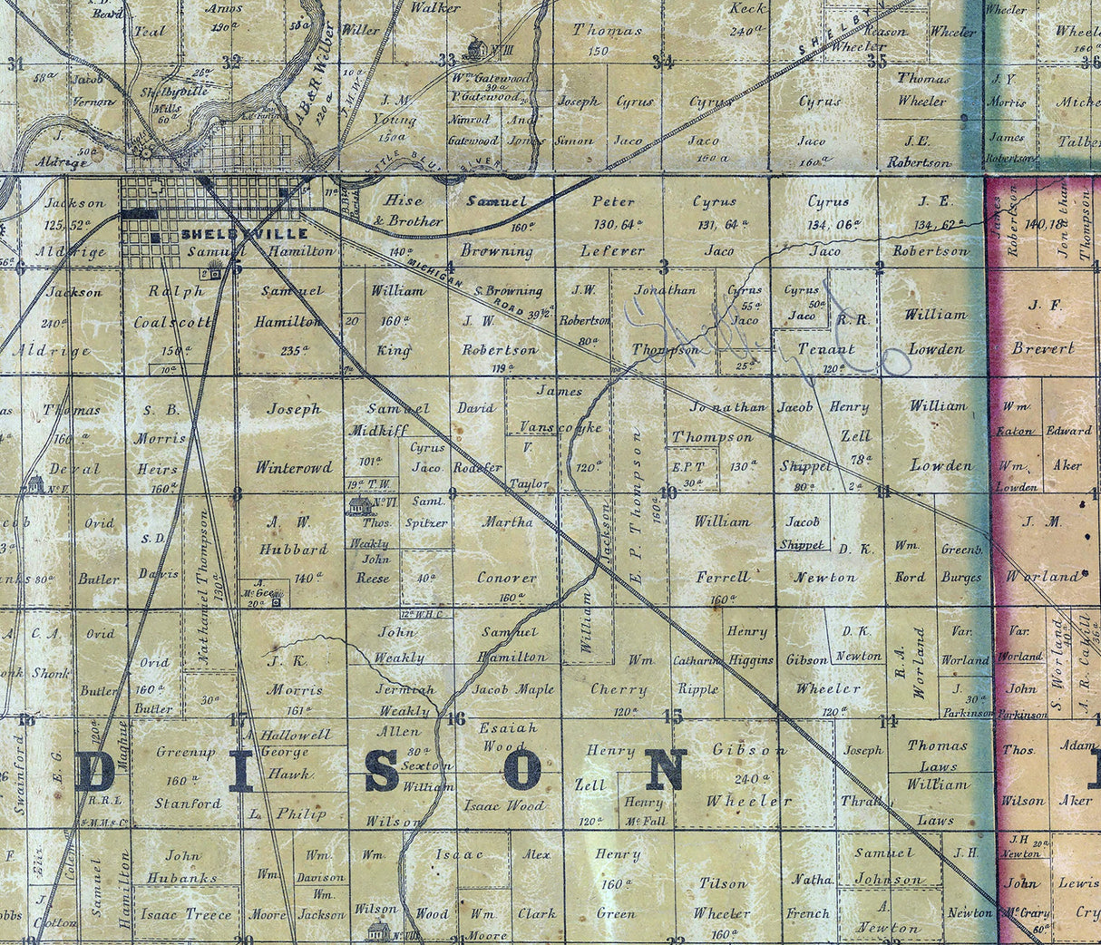 1856 Farm Line Map of Shelby County Indiana