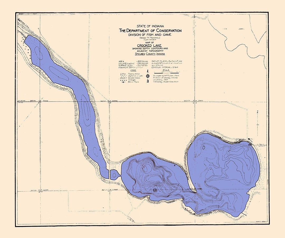 1923 Map of Crooked Lake Steuben County Indiana