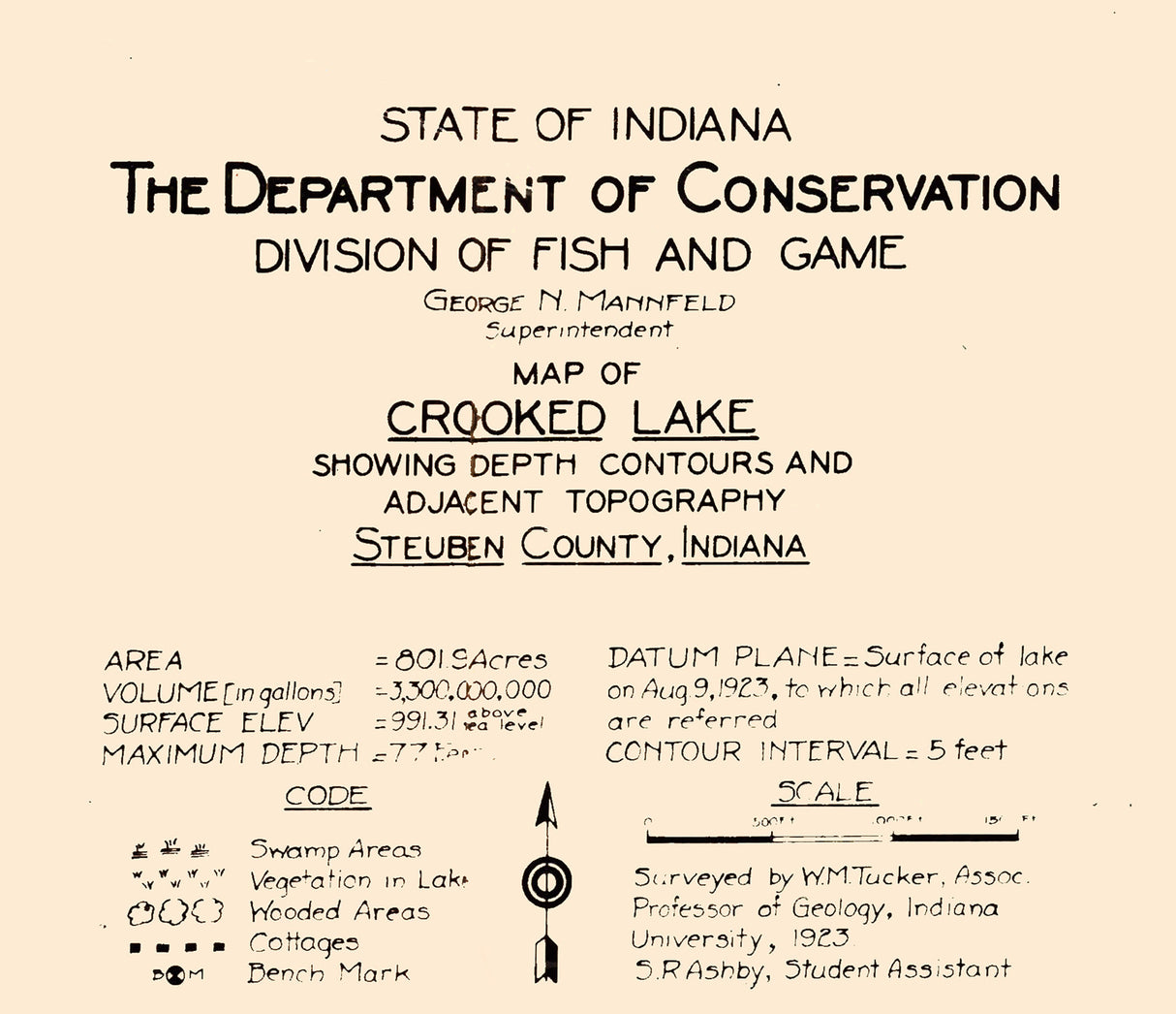 1923 Map of Crooked Lake Steuben County Indiana