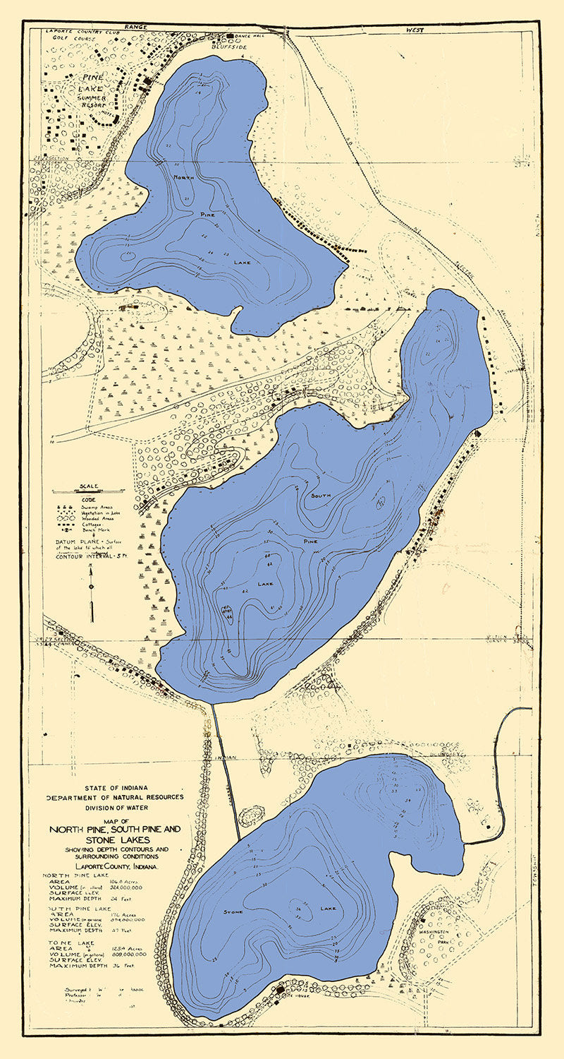 1923 Map of North Pine South Pine and Stone Lakes Laporte County Indiana