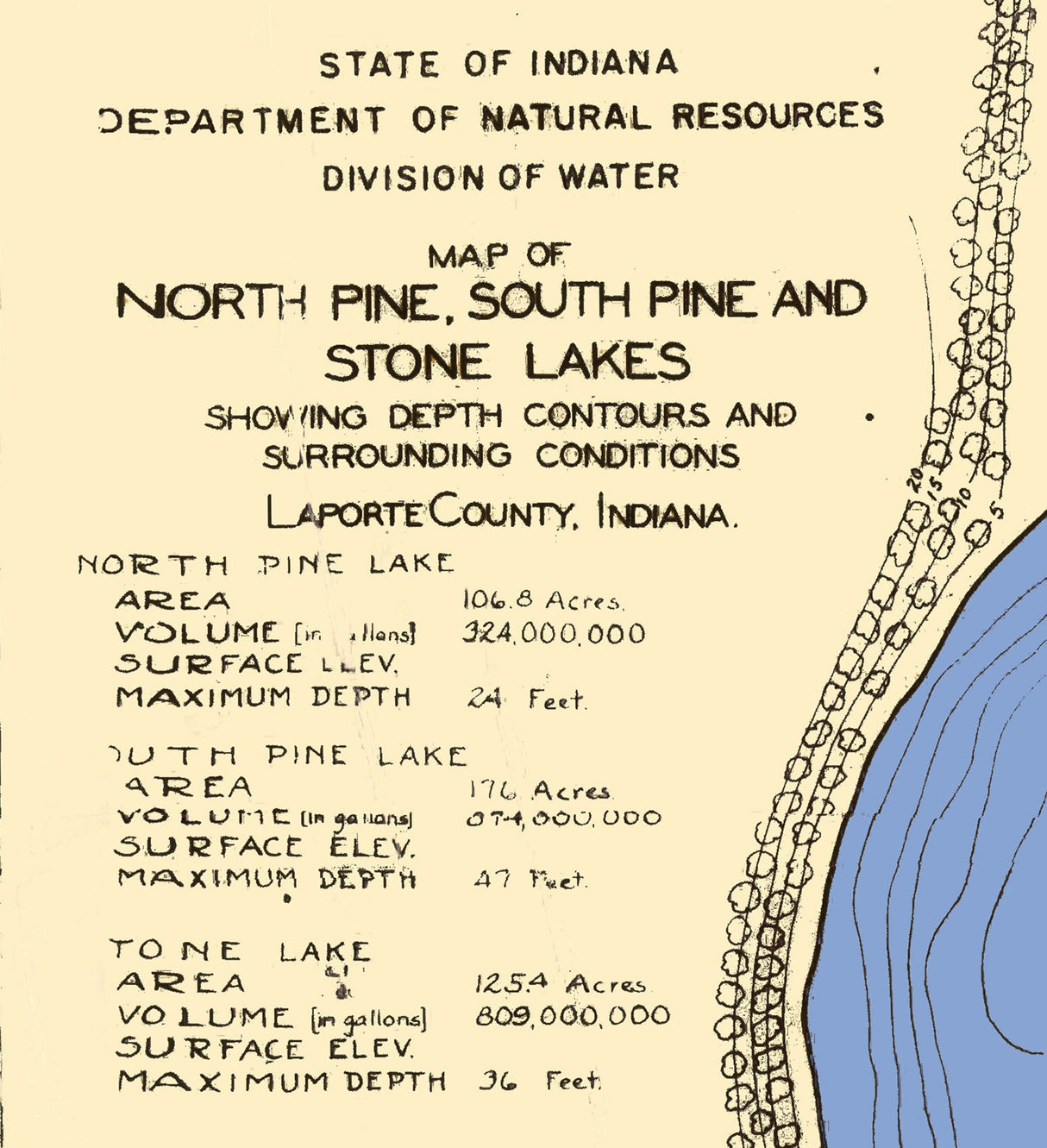 1923 Map of North Pine South Pine and Stone Lakes Laporte County Indiana