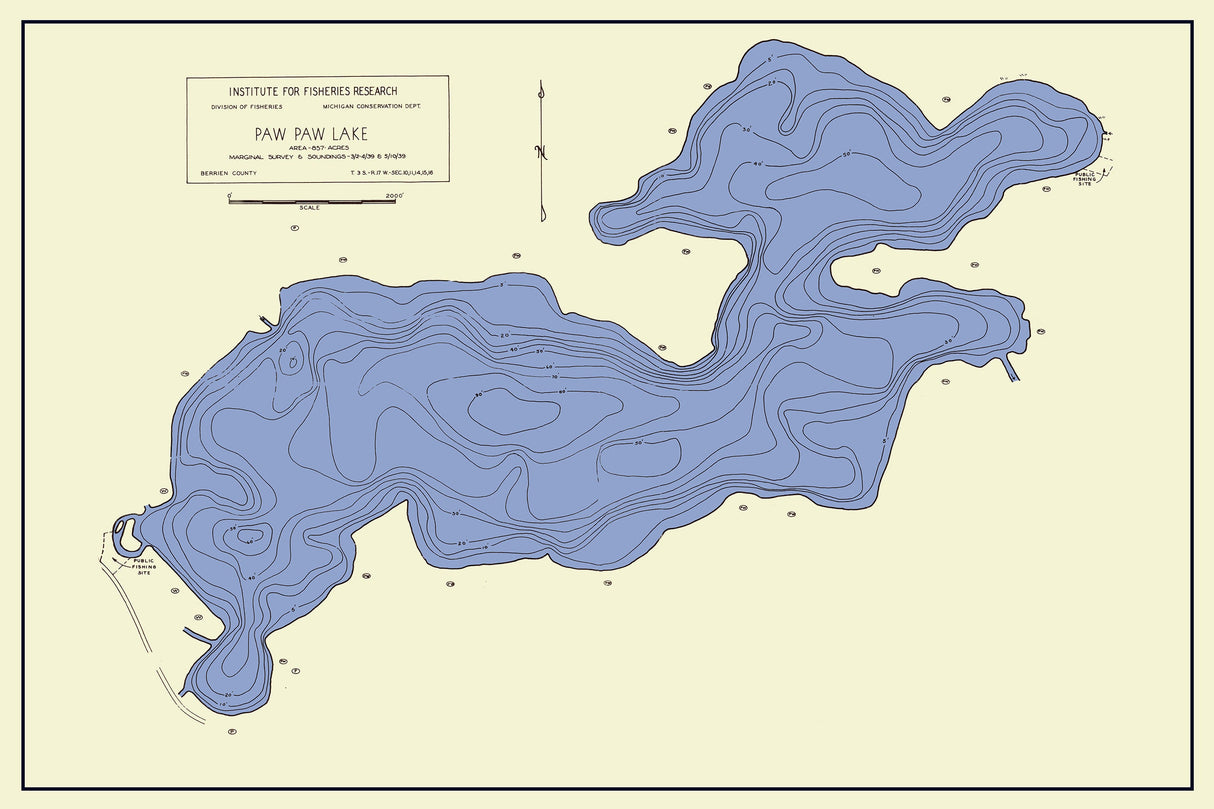 1939 Map of Paw Paw Lake Berrien County Michigan