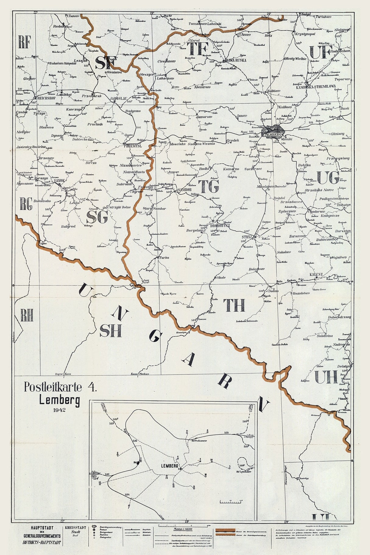 1942 Map of Lemberg Ukraine Oblast District Area